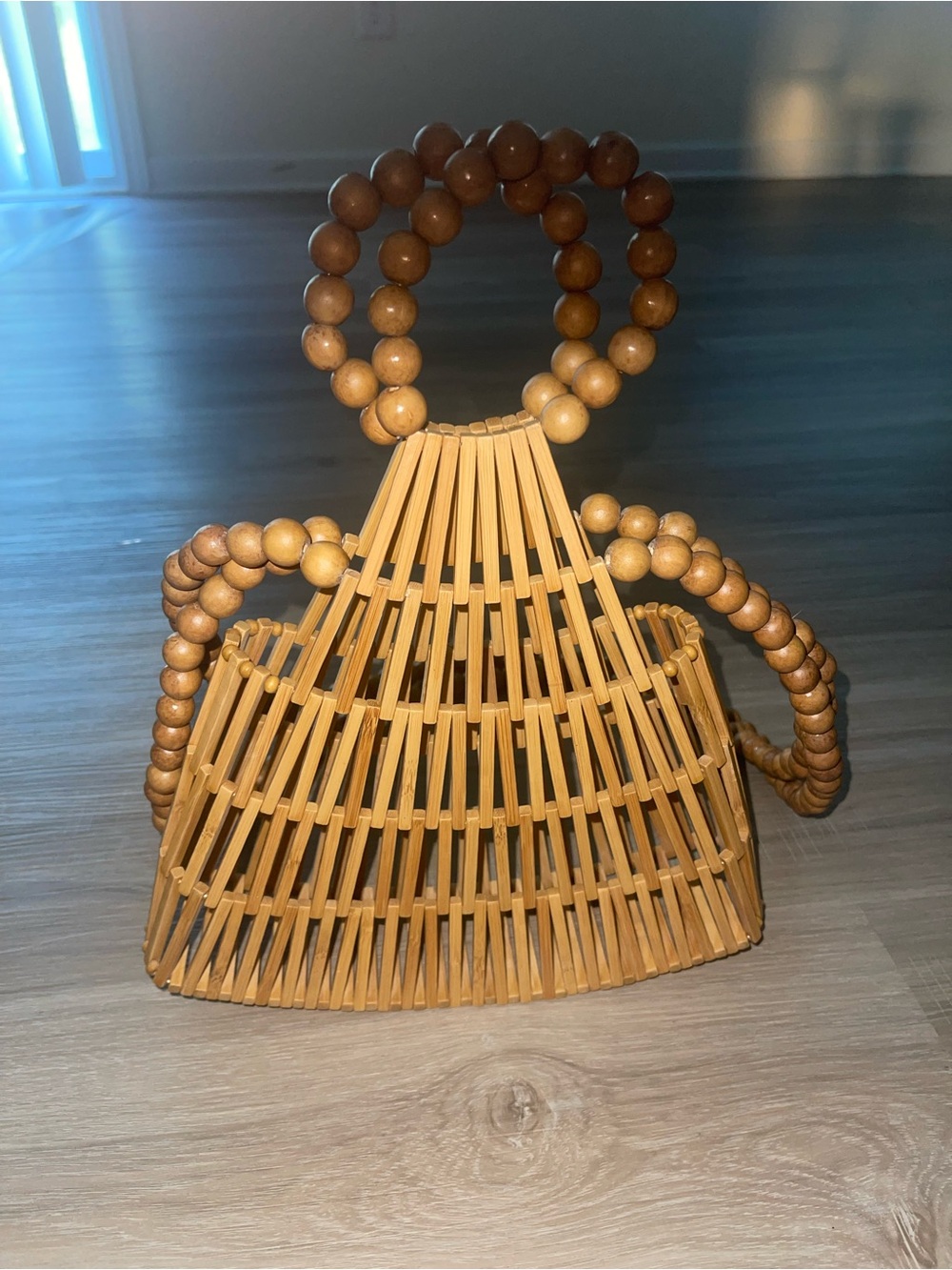 Handcrafted Beaded Bamboo Tote in Natural Tan